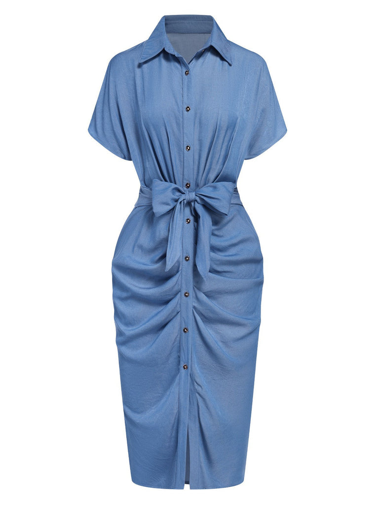 Blau 1960er Dolman-Ärmel Tencel Denim Hemd Kleid