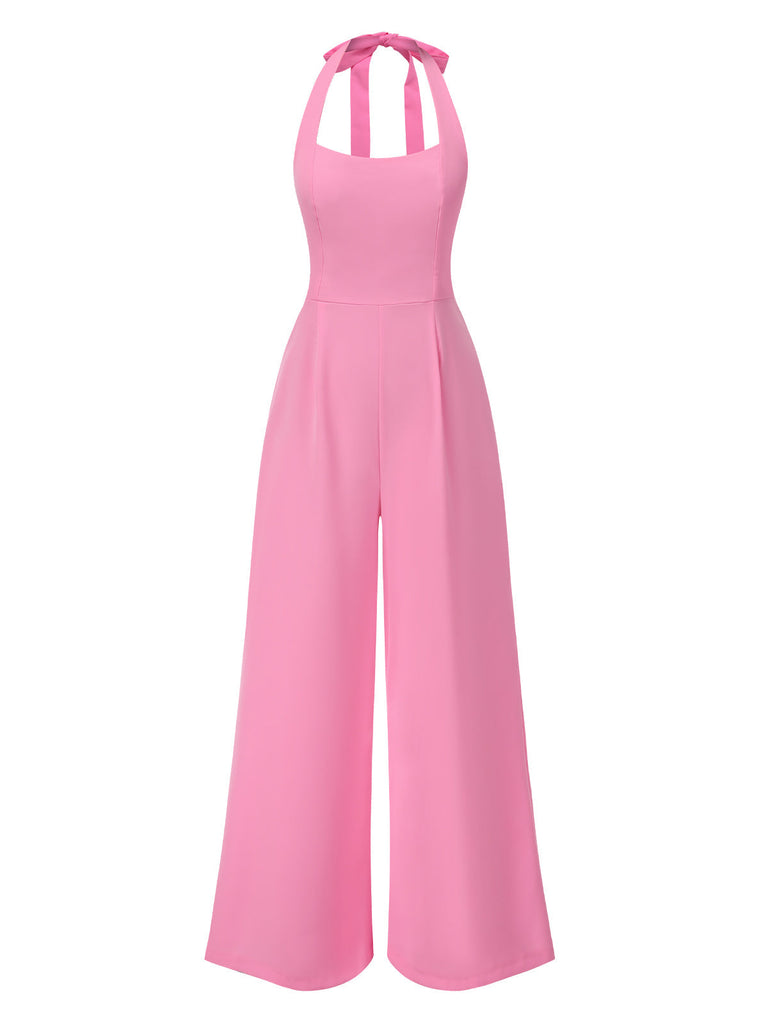 Rosa 1950er Halter Solide Jumpsuit