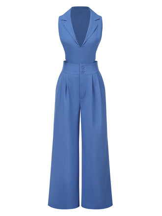 2PCS Blau 1940er Solide Top & Weites-Bein Hosen