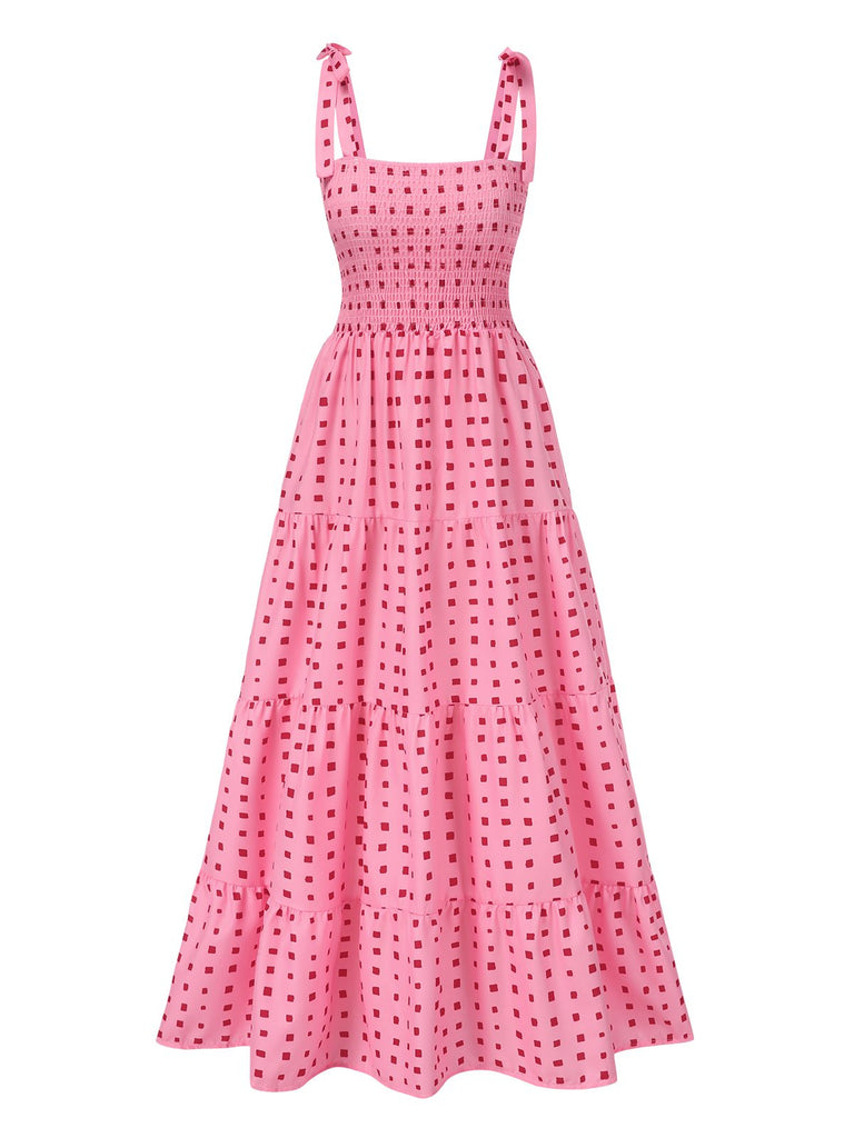 Rosa 1940er Schultergurt Gesmokt Maxi Kleid