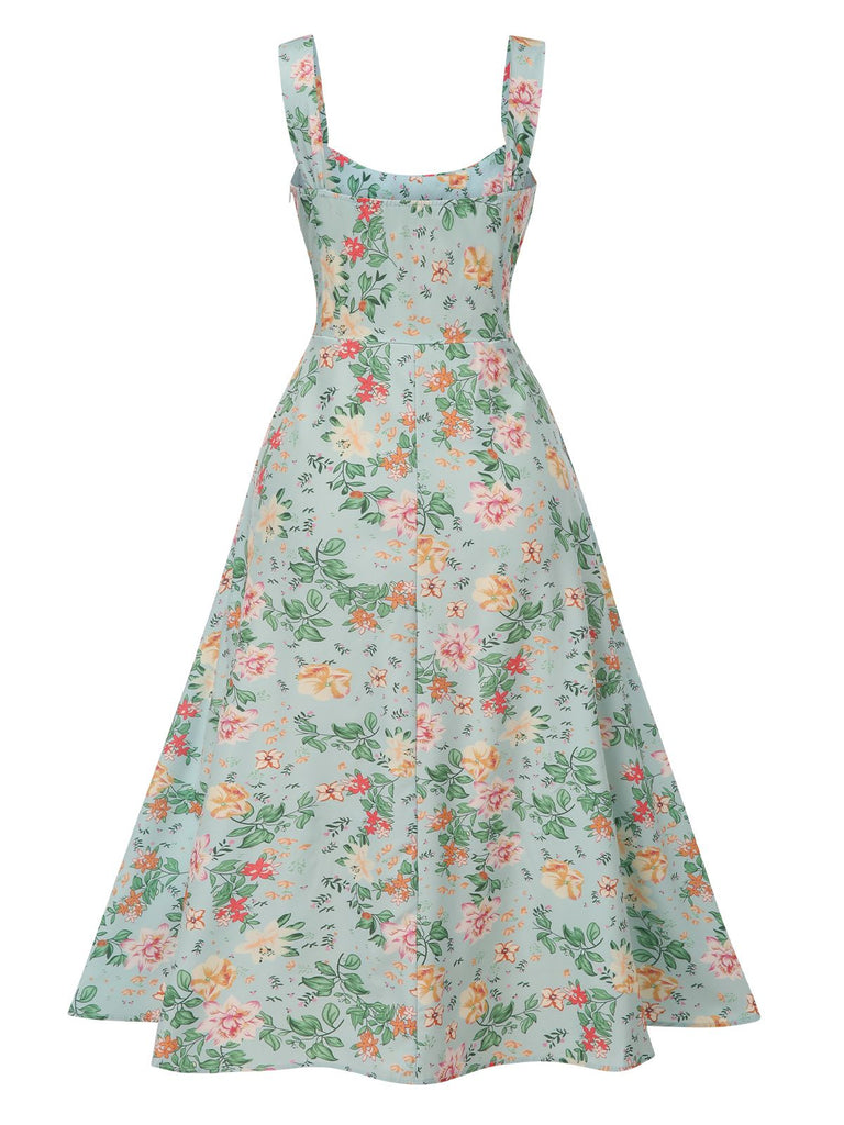 Grün 1940er Breit-Träger Blumen Kleid