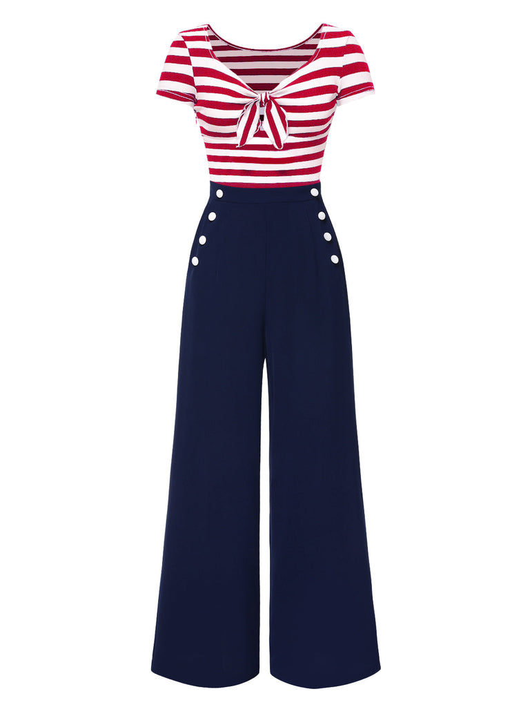 Rot 1950er Hohl Bogen Streifen Patchwork Jumpsuit