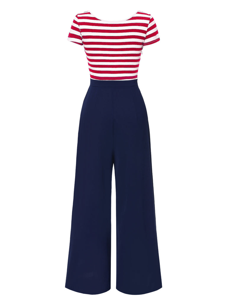 Rot 1950er Hohl Bogen Streifen Patchwork Jumpsuit