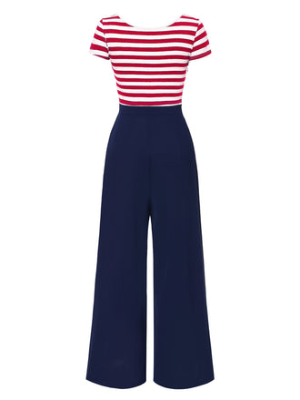 [Vorverkauf] Rot 1950er Hohl Bogen Streifen Patchwork Jumpsuit