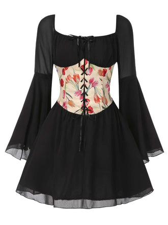 Schwarz 1960er Glockenärmel Blumen Korsett Mini Kleid