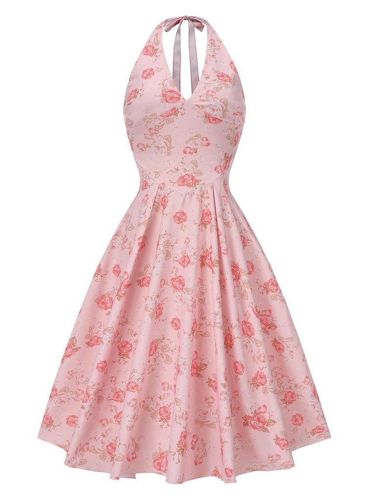 Rosa 1950er Blumen V-Ausschnitt Halter Kleid