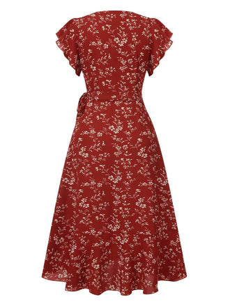 Weinrot 1940er V-Ausschnitt Blumen Schlitz Kleid