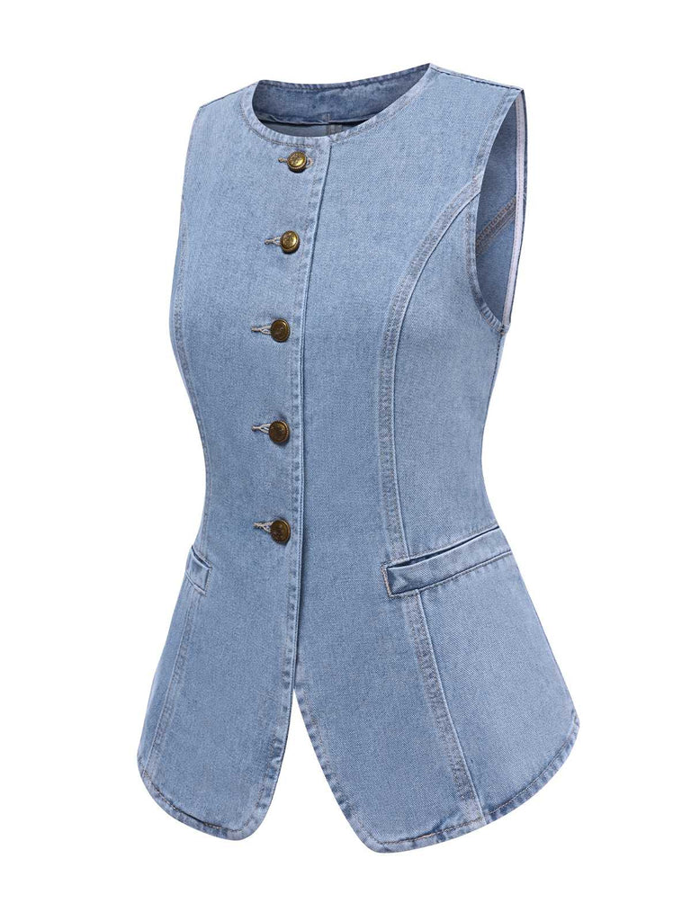 Blau 1940er Ärmellos Denim Weste