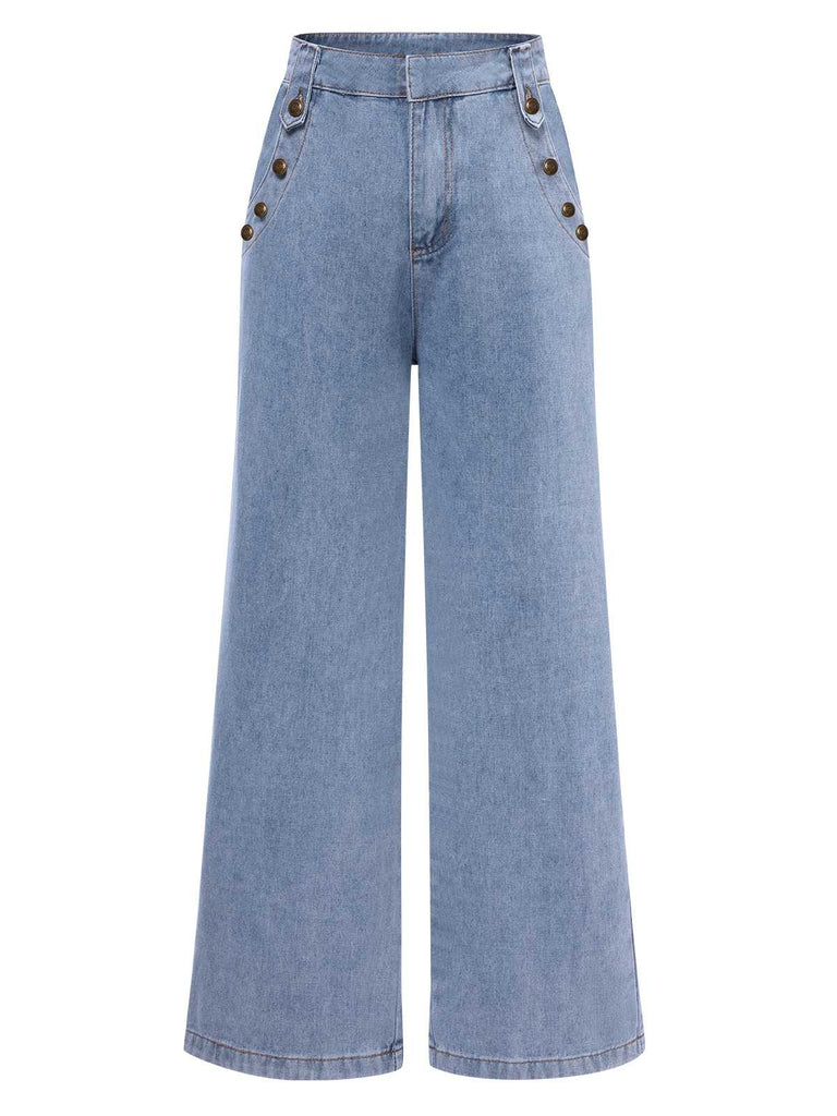 Blau 1940er Knöpfen Weites-Bein Denim Jeans