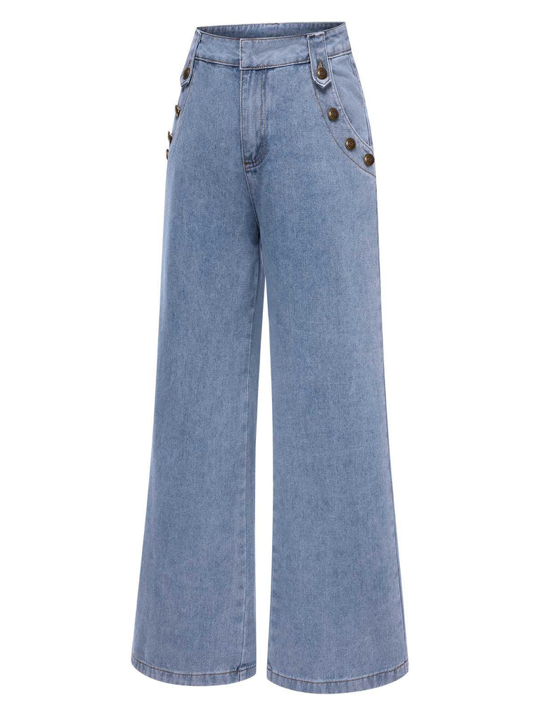 Blau 1940er Knöpfen Weites-Bein Denim Jeans