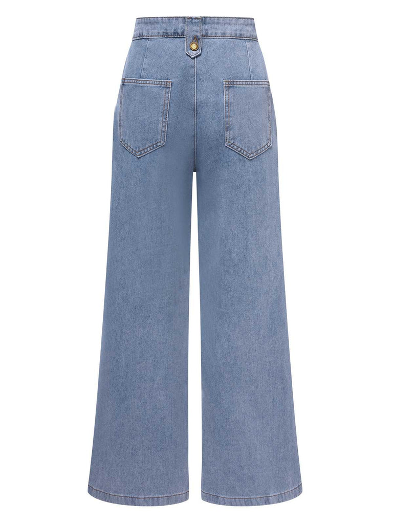 Blau 1940er Knöpfen Weites-Bein Denim Jeans