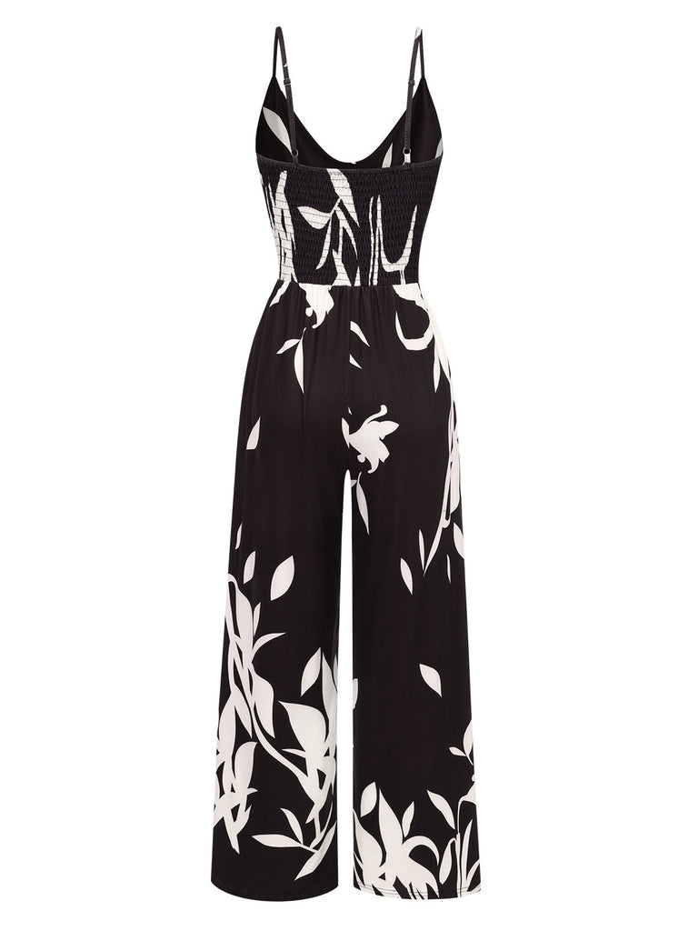 Schwarz 1950er Blumen Silhouette Jumpsuit