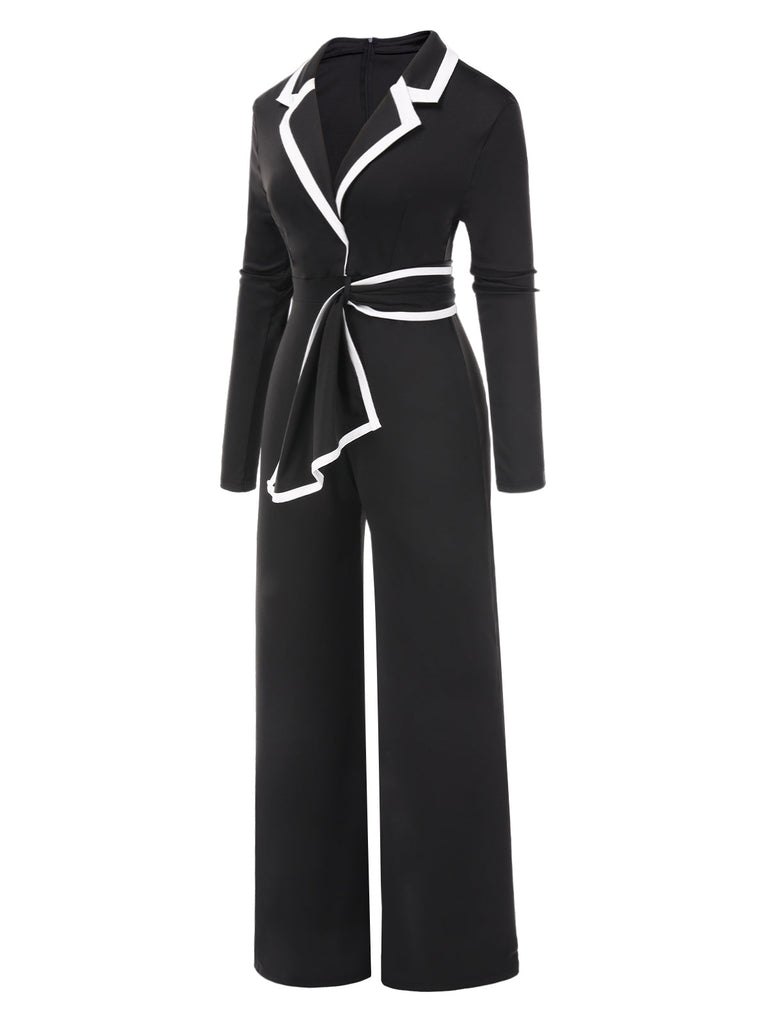 Schwarz 1970er Revers Farbblock Gürtel Jumpsuit