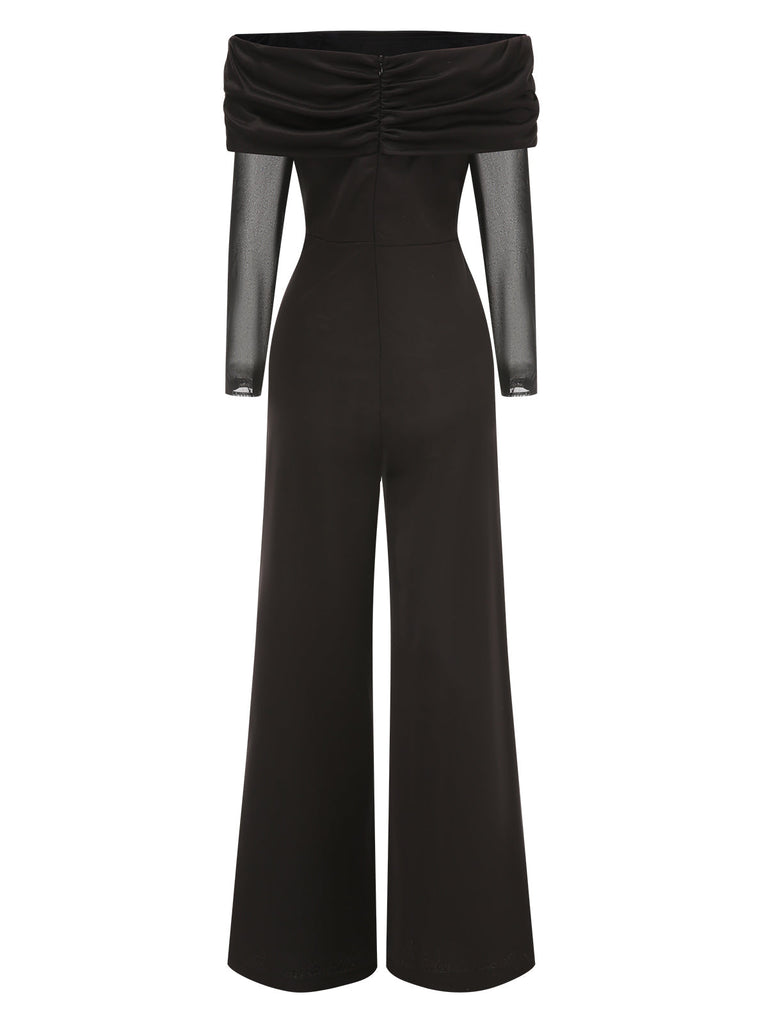 Schwarz 1950er Schulterfrei Transparente Ärmel Jumpsuit