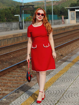 Rot 1960er Solide Tasche Kleid