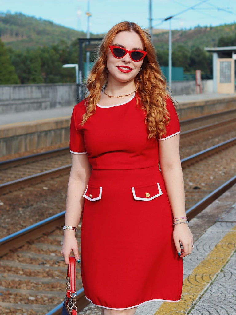 Rot 1960er Solide Tasche Kleid