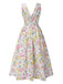 Multicolor 1950er Tief V-Ausschnitt Antiquität Blumen Kleid