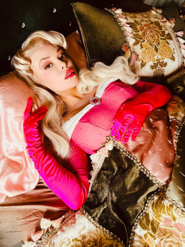 Rosa 1960er Funkeln Schulterfrei Plüsch Falten Kleid