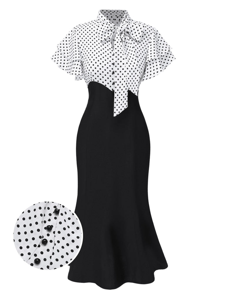 [Vorverkauf] Schwarz 1930er Dots Krawattenhals Meerjungfrauenkleid