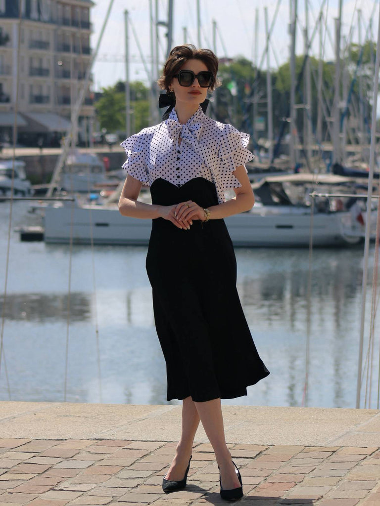 Schwarz 1930er Dots Krawattenhals Meerjungfrauenkleid