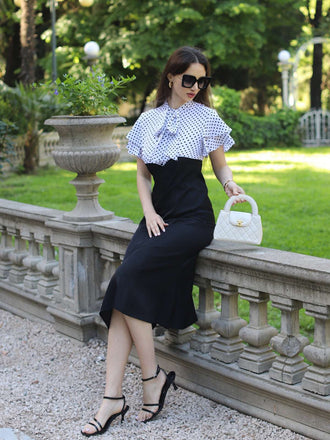 Schwarz 1930er Dots Krawattenhals Meerjungfrauenkleid