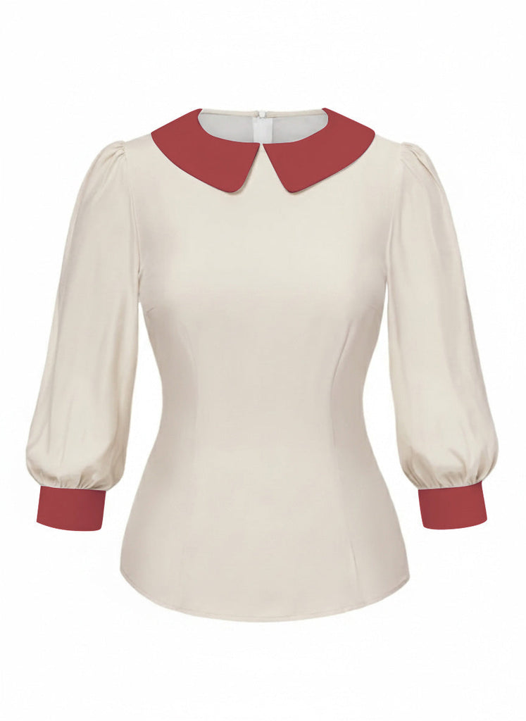 [Vorverkauf] Weiß 1940er Farbblock Peter Pan Kragen Bluse
