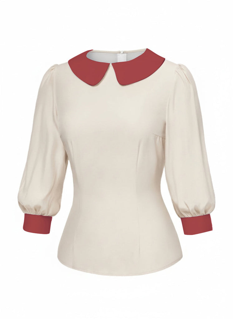 [Vorverkauf] Weiß 1940er Farbblock Peter Pan Kragen Bluse