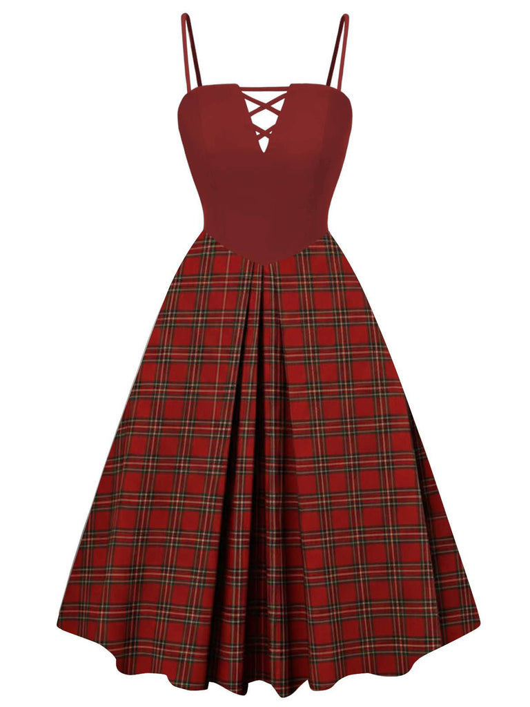 [Vorverkauf] Rot 1940er Plaid Plissiertes Suspender Kleid