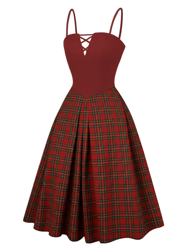[Vorverkauf] Rot 1940er Plaid Plissiertes Suspender Kleid