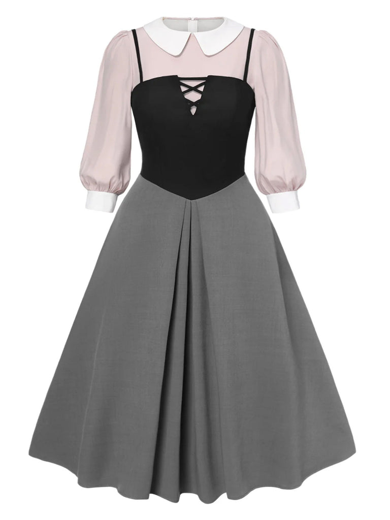 [Vorverkauf] [Übergröße] 2PCS 1940er Farbblock Rosa Bluse & Grau Kleid