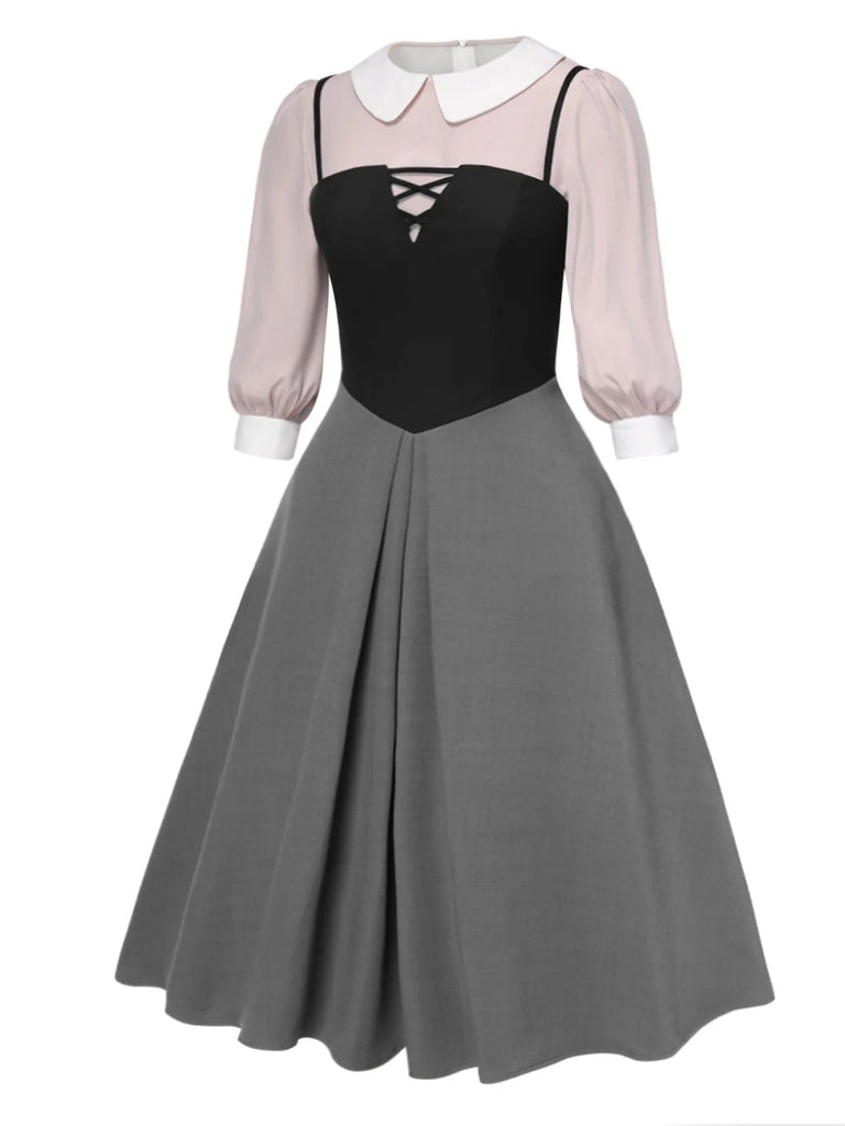 [Vorverkauf] [Übergröße] 2PCS 1940er Farbblock Rosa Bluse & Grau Kleid