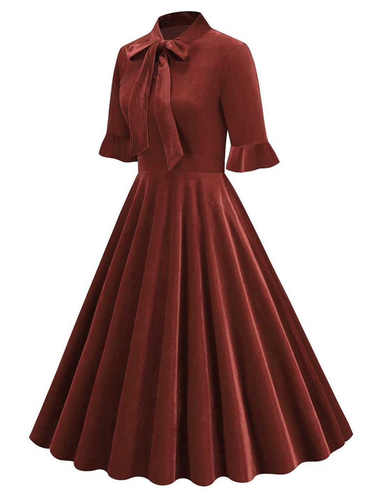 1950er Krawattenhals Samt Ausgestellte Ärmel Kleid