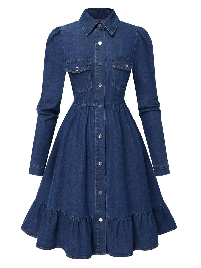 Blau 1970er Hemdkragen Knöpfen Denim Kleid