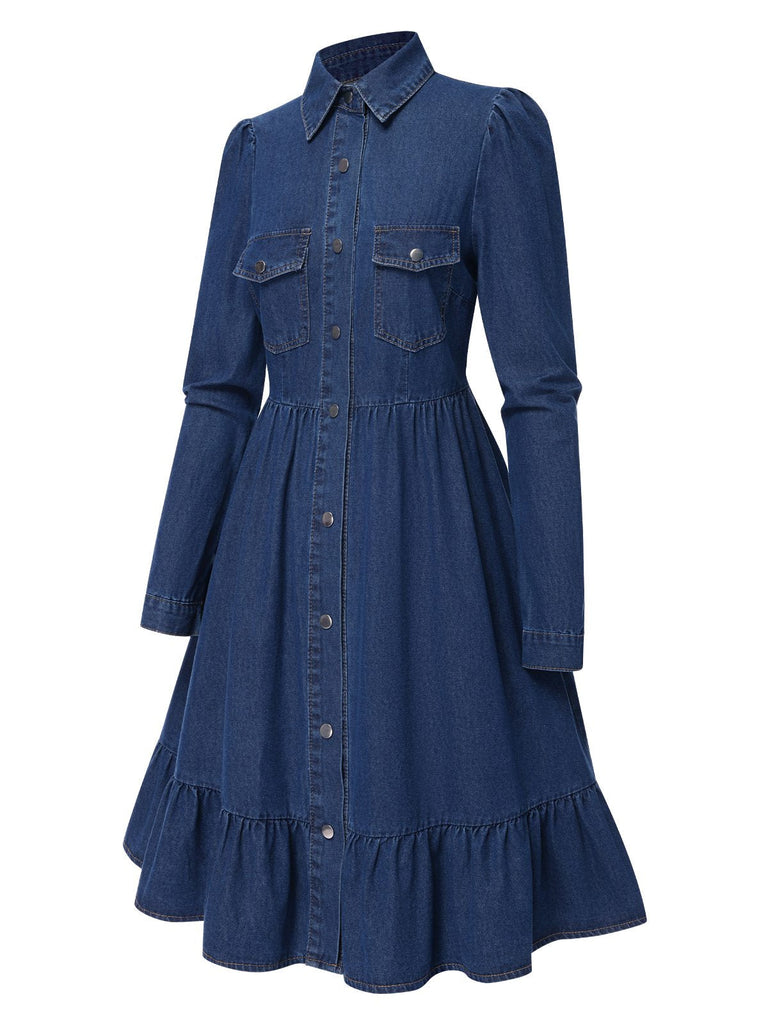 Blau 1970er Hemdkragen Knöpfen Denim Kleid