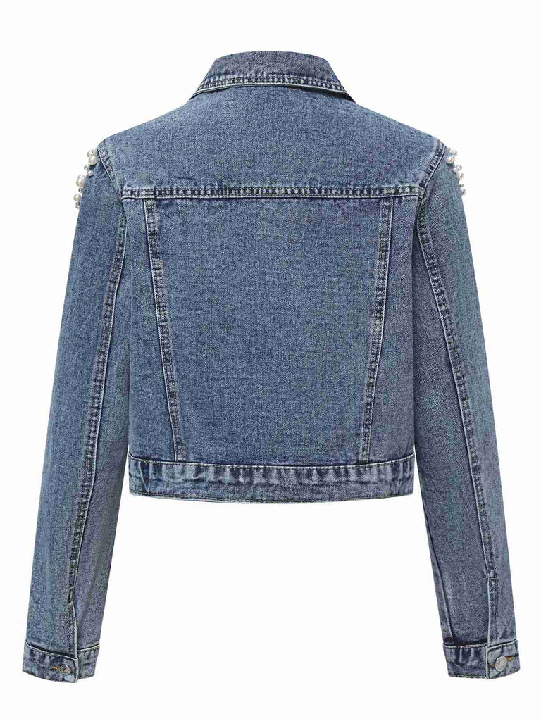 Blau 1950er Revers Perlen Denim Kurzmantel