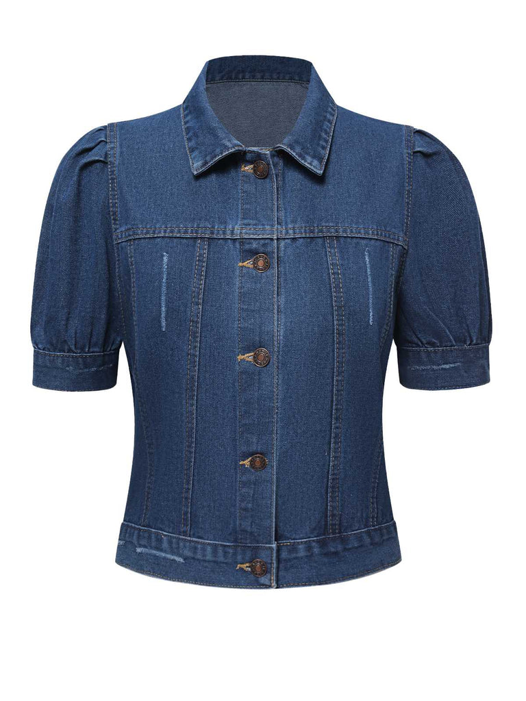 Blau 1950er Puffärmel Denim Kurzer Mantel