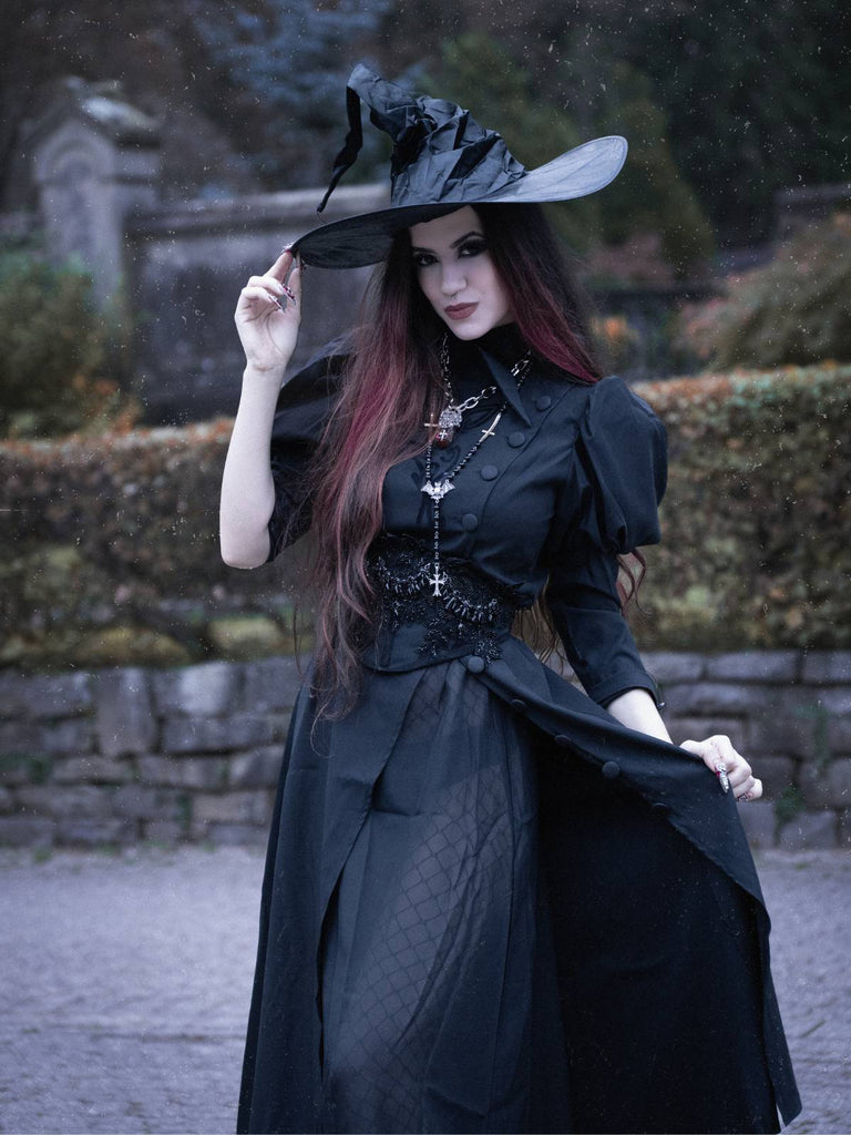 Schwarz 1940er Gothic Wicked-Inspiriert Elphaba Blumen Hexenkleid