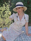 Beige 1940er Puffärmel Revers Blumen Kleid