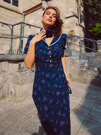 Blau 1940er Baumwolle Puffärmel Revers Blumen Kleid
