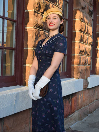 Blau 1940er Baumwolle Puffärmel Revers Blumen Kleid