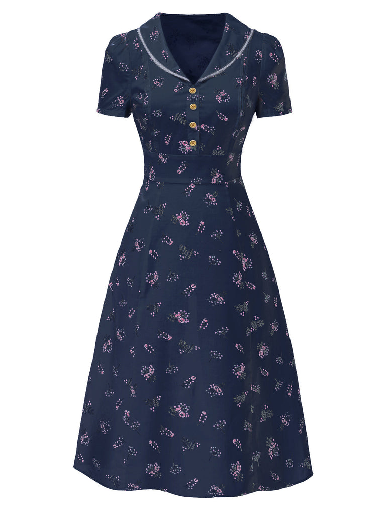 [Vorverkauf] Blau 1940er Puffärmel Revers Blumen Kleid