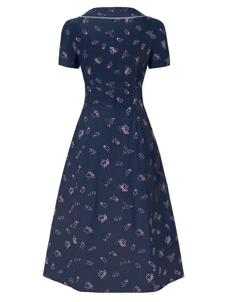 [Vorverkauf] Blau 1940er Puffärmel Revers Blumen Kleid