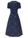 [Vorverkauf] Blau 1940er Puffärmel Revers Blumen Kleid