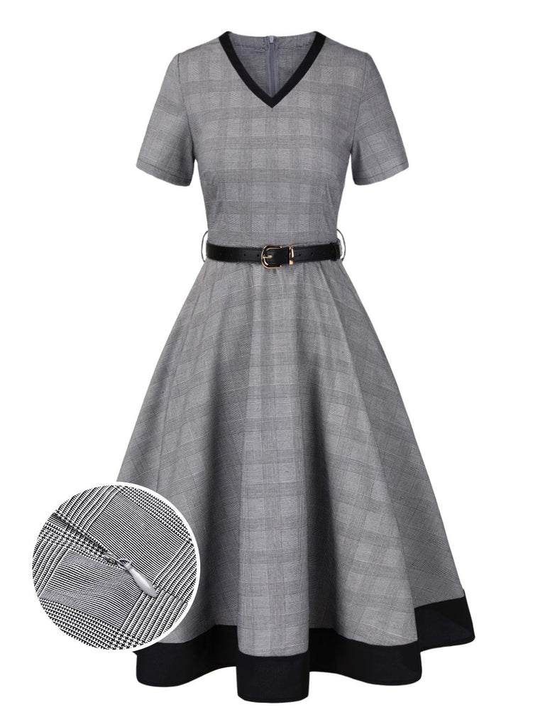 [Vorverkauf] Grau 1950er Hahnentritt Gürtel Kleid