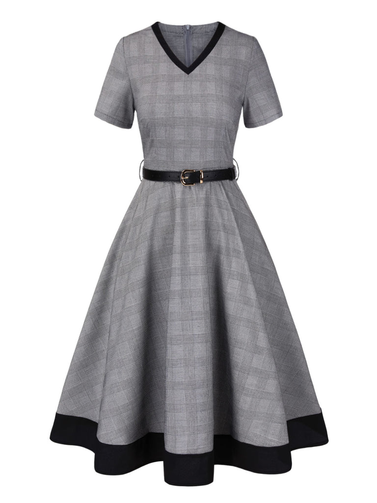 [Vorverkauf] Grau 1950er Hahnentritt Gürtel Kleid