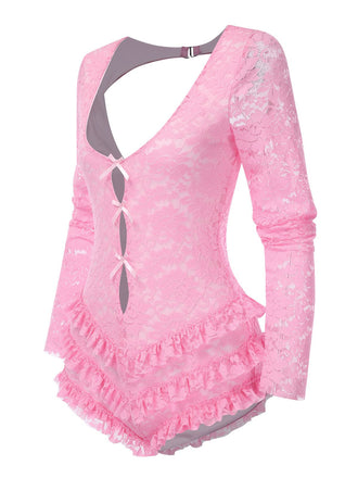 Rosa 1950er Hohl-Out Bogen Spitze Ballett Romper