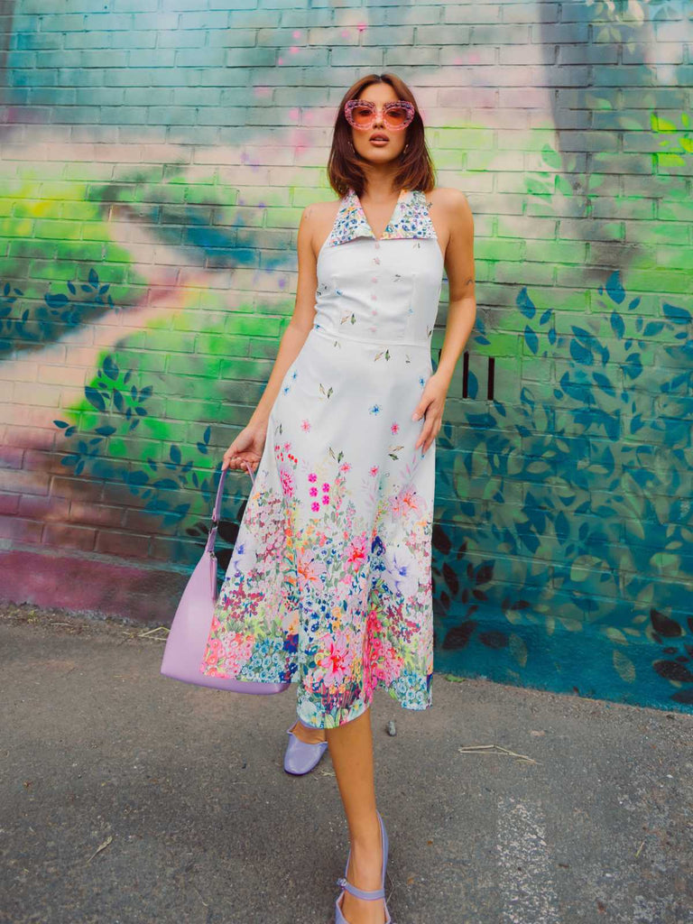 Weiß 1940er Blumen Revers Spleißen Kleid