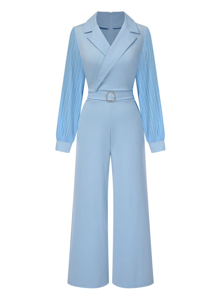 Blau 1930er Kerbkragen Patchwork Jumpsuit