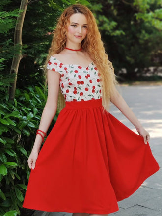 Rot 1950er Herzförmiger Hals Flügelärmel Kirsche Kleid