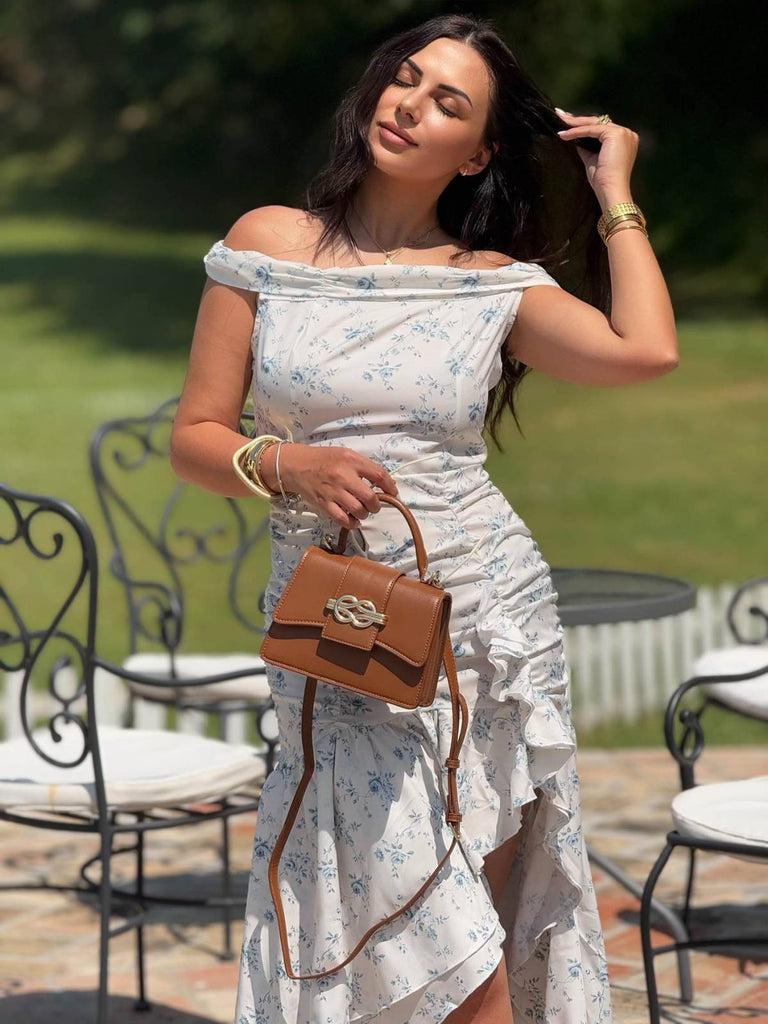 Blau 1930er Schulterfrei Blumen Rüschen Kleid
